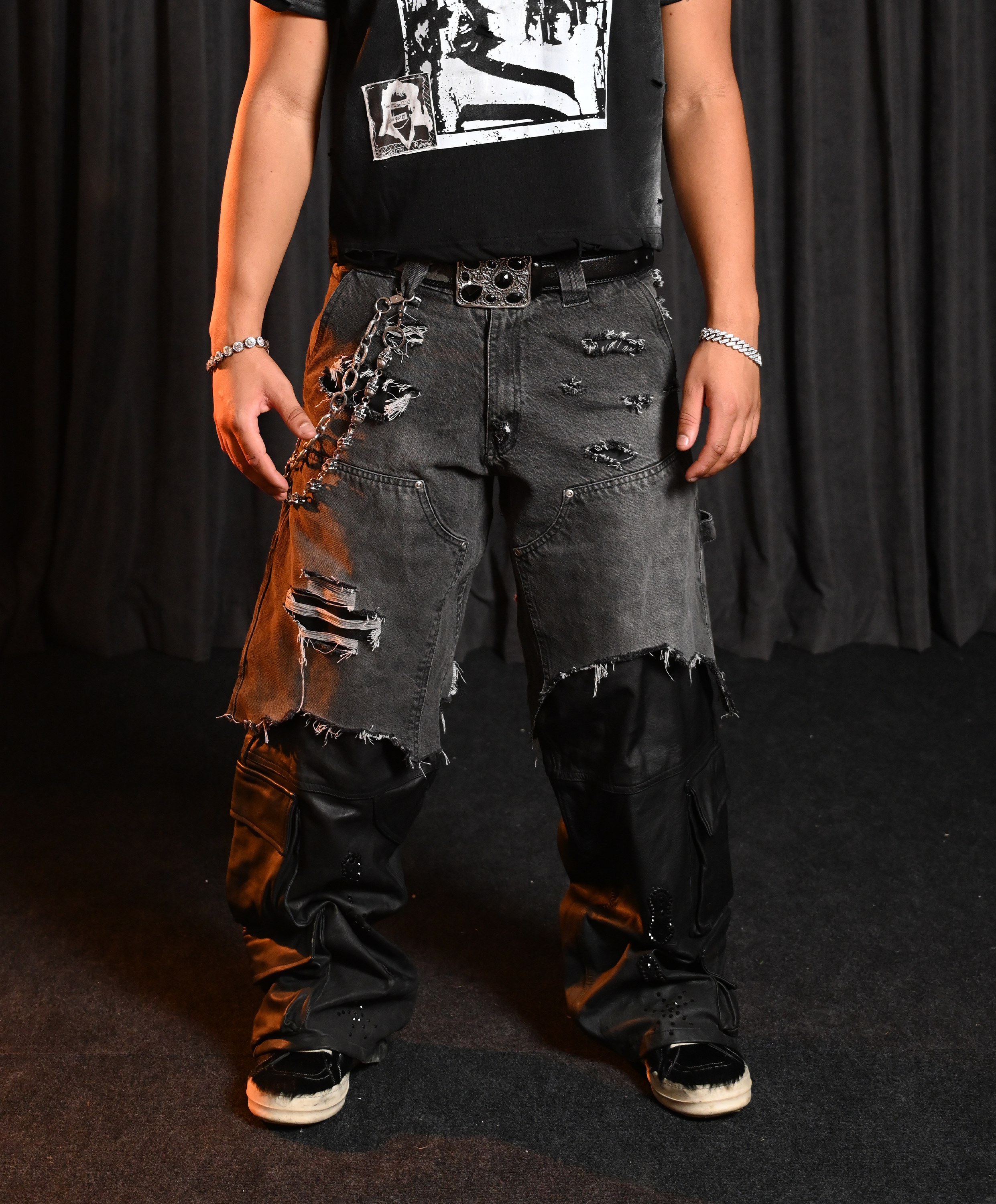 Denim X Leather Stud Pants